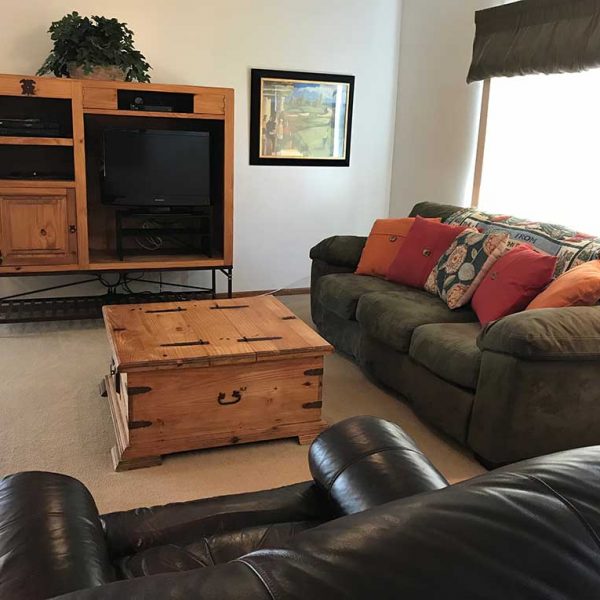 Living room includes television with DVD and cable TV subscription